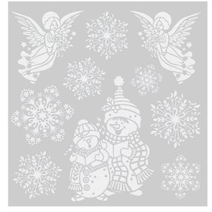 Julestickers med glitter 6 design 31,5 x 30,4 cm, ark med engler og to barn i vinterklær