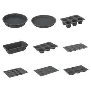 Grå silikon-bakeformer i serie, muffinsform med de øvrige formene