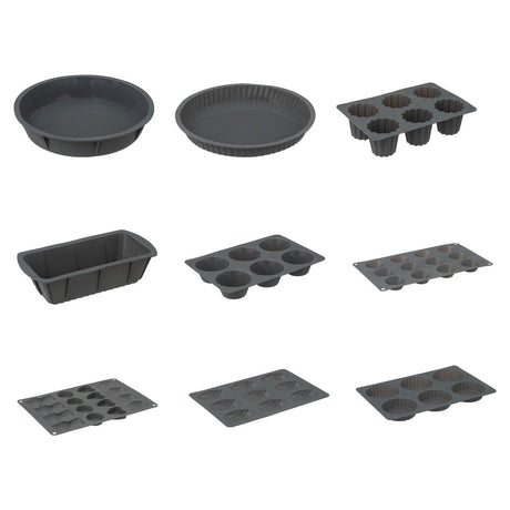 Grå silikon-bakeformer i serie, paiform med de øvrige formene