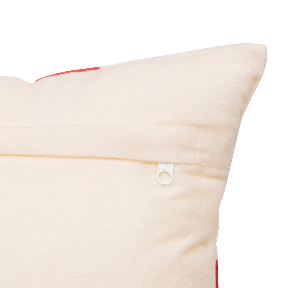 Pute gave med rød sløyfe beige fløyel 30 x 50 cm, baksiden av puten
