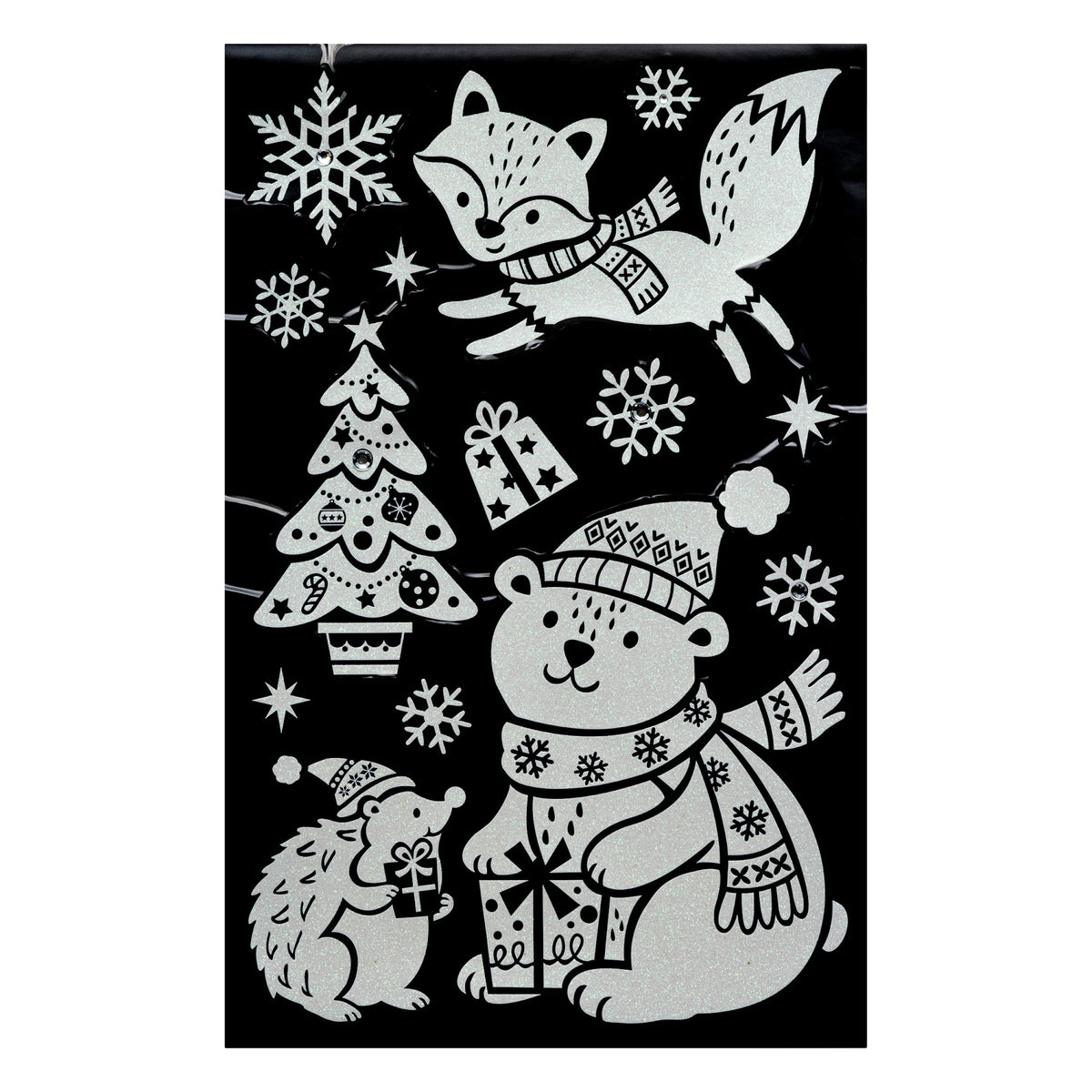 Julestickers med glitter og rhinsten 6 design 50 x 32 cm, nisse, snømann og juletre