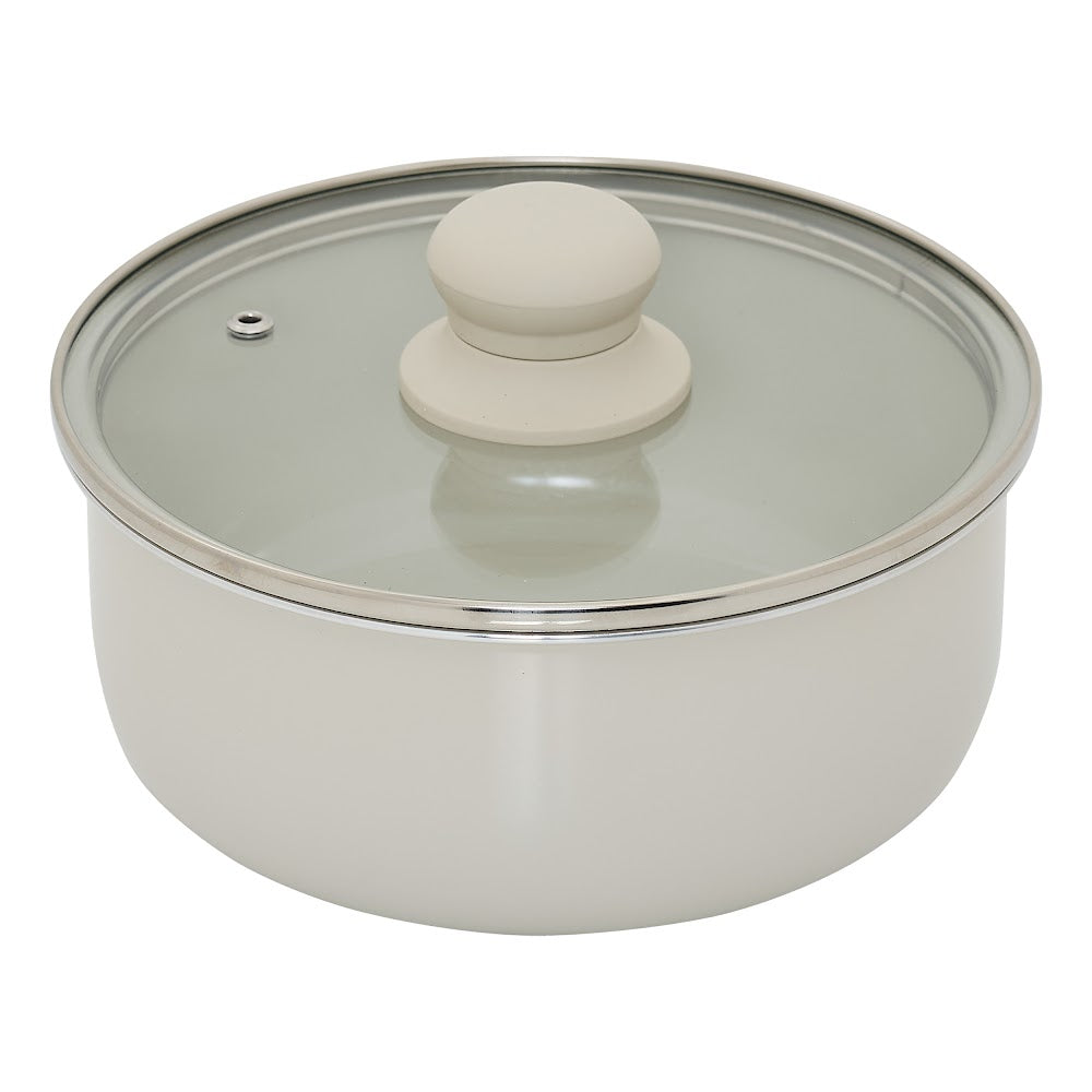 Beige kasserolle med glasslokk fra settet