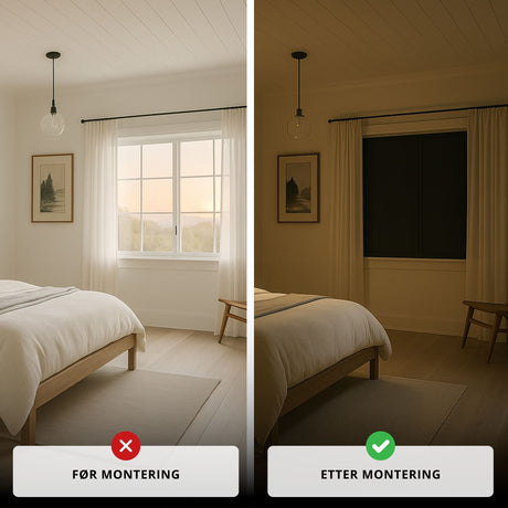 Før og etter montering av statisk blackout vindusfolie som gir full mørklegging og økt søvnkvalitet.