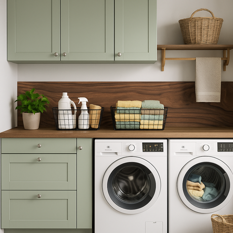 Vaskerom med grønne skap og Rustic Walnut selvklebende backsplash – gir en varm, naturlig kontrast og stilren oppbevaring i kurver