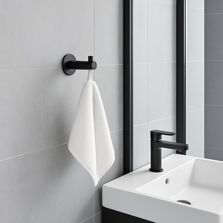 Minimalistisk sort håndkleknagg i metall med hvitt håndkle, montert på grå flisvegg ved servant for moderne baderomsdesign