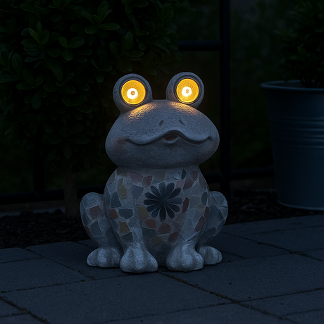 En hagefigur formet som en frosk, plassert på grå heller i en hage ved skumringstid. Øynene på figuren lyser gult med innebygd solcellelys.