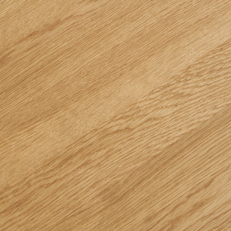 "Natur eikefiner spisebord med rund plate og lamellbase sett i kvadratisk format"