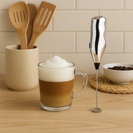 Melkeskummer i bruk på lyst kjøkken, ved siden av kaffekopp med skum.