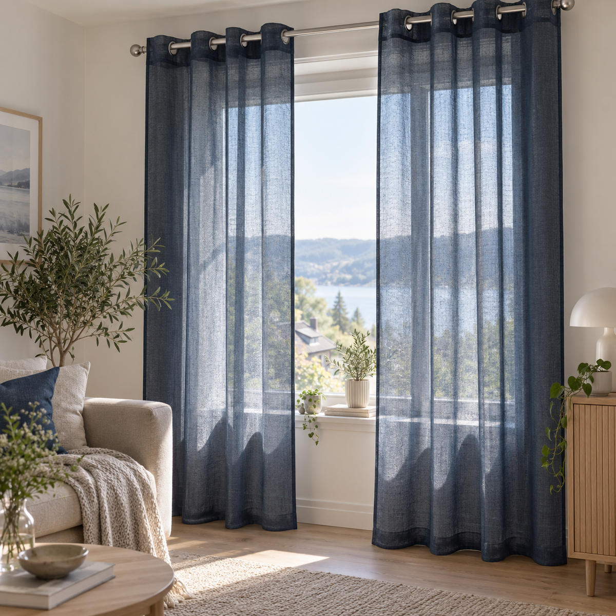 Marineblå transparente gardiner med maljer i lys nordisk stue med beige sofa, treverk og naturlig dagslys.