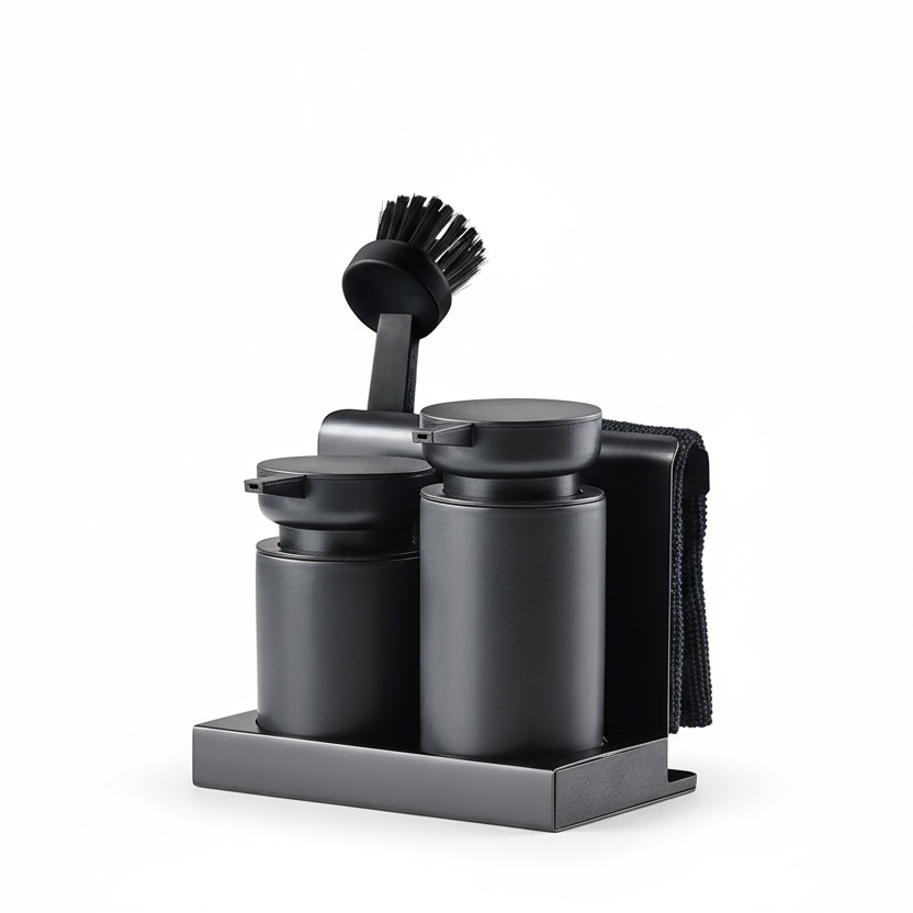 Zone Denmark DIISH oppvasksett sort med to dispensere, børste og klut på metallbrett isolert på hvit bakgrunn