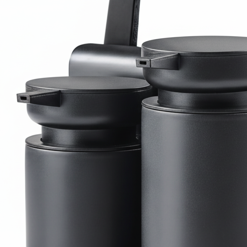 Nærbilde av sorte keramiske dispensere i DIISH oppvasksett med matt overflate