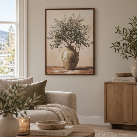 Veggbilde 50 x 70 cm med oliventre i vase og brun treramme, vist på vegg i en lys norsk stue.