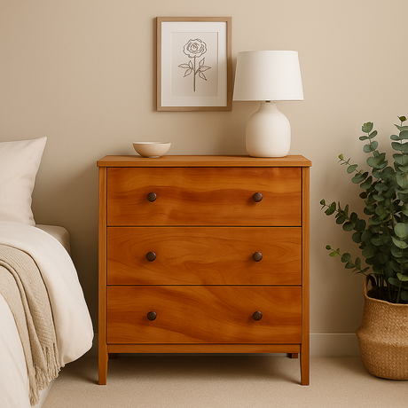 Kommode med kirsebærmønstret folie i beige soverom, stylet med lampe, kunst og planter.