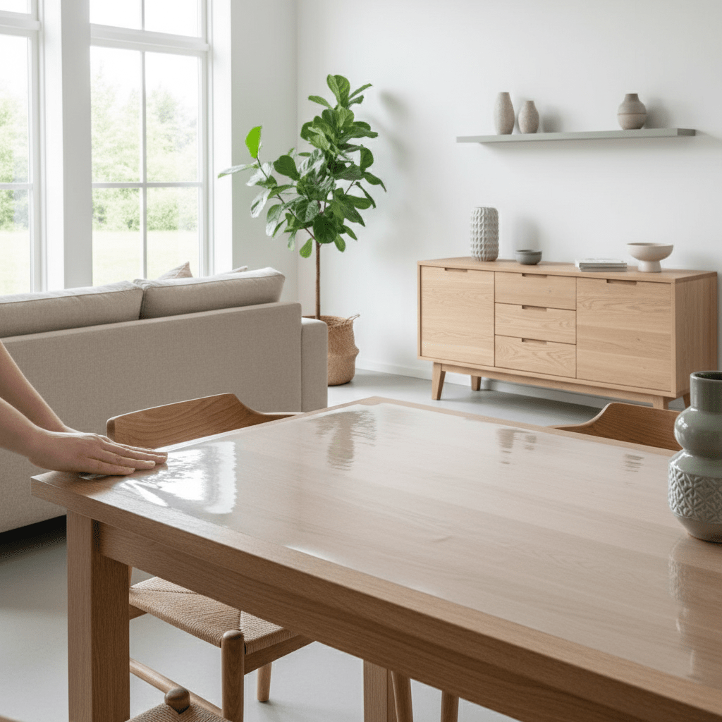 Transparent glossy kontaktplast – klar beskyttelsesfolie til bordplater og møbler