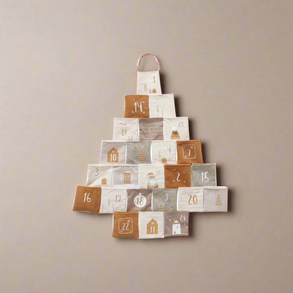 Adventskalender i stoff formet som juletre med 24 nummererte lommer, henger på vegg i varme jordtoner.