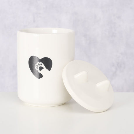 Oppbevaringskrukke kattemat nærbilde kattørelokk hjerte pote
