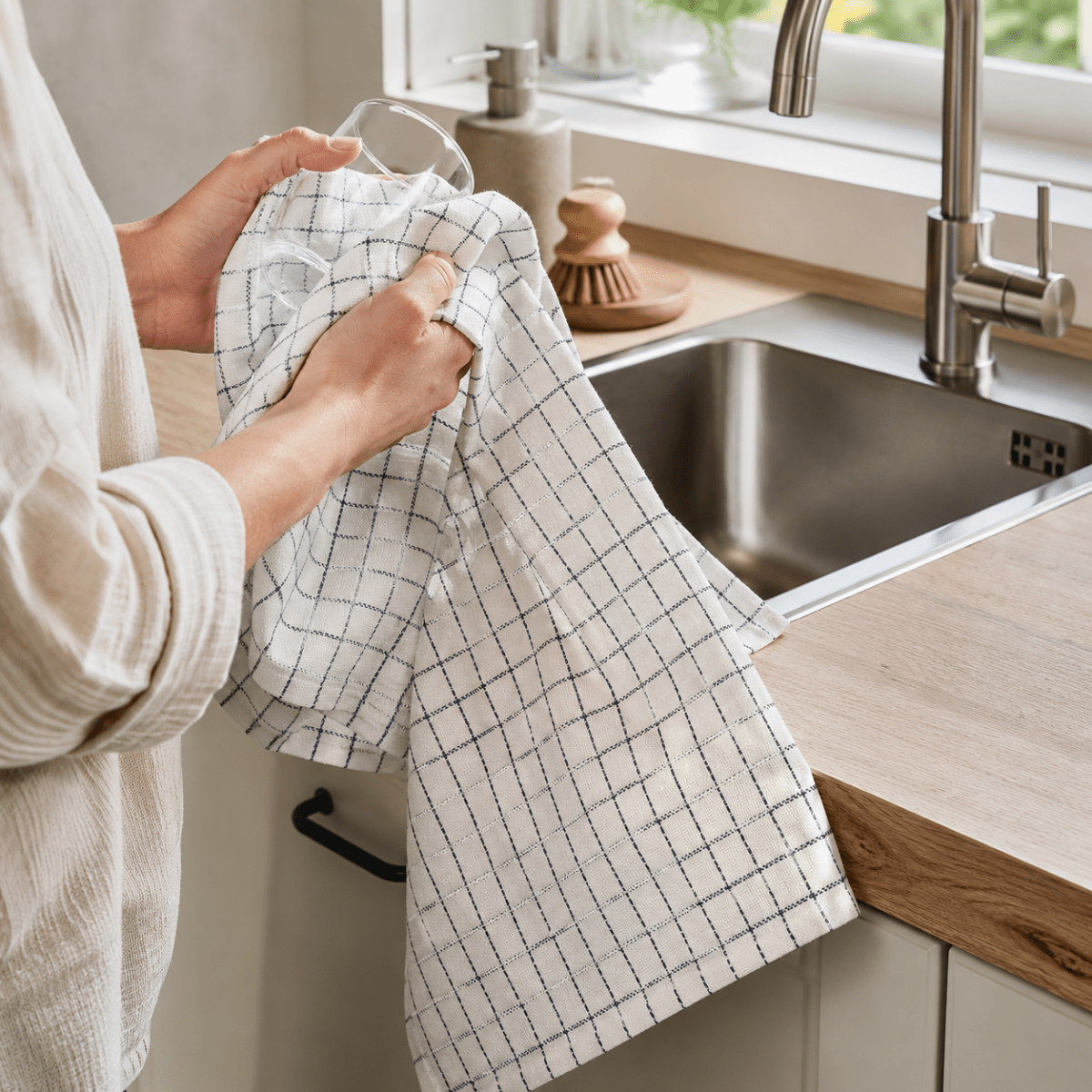 Kökshandduk Nordic Sense vit med blå ruter 80 x 50 cm, 3 stk - Lindas Dekor Kökshandduk