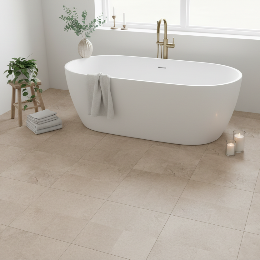 Leah fliser brukt på baderomsgulv med rolig uttrykk