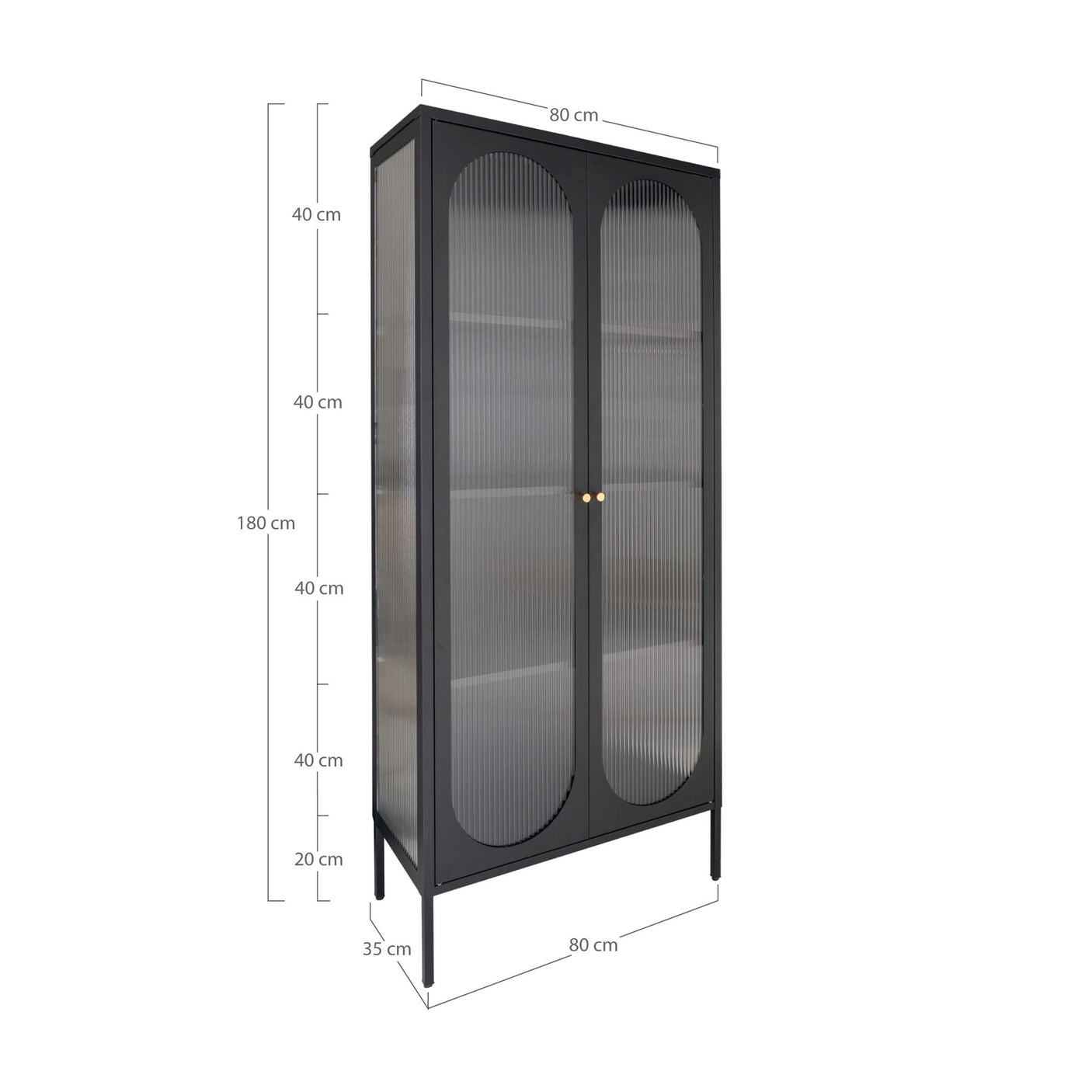 House Nordic Adelaide vitrineskap med rillet glass, sort 80 x 35 x 180 cm