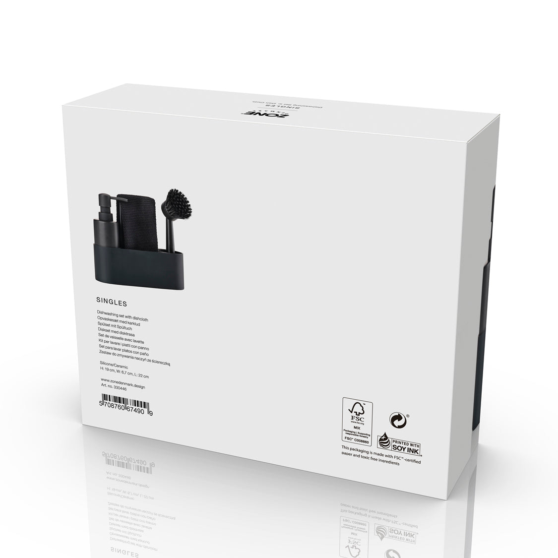 Produktemballasje til Singles oppvasksett fra Zone Denmark med produktinformasjon