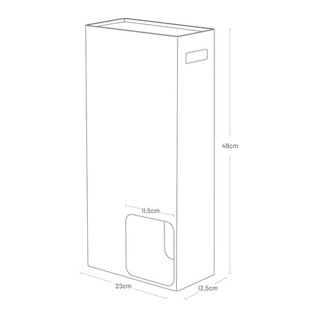Elegant toalettpapirbeholder med praktisk åpning i bunnen.