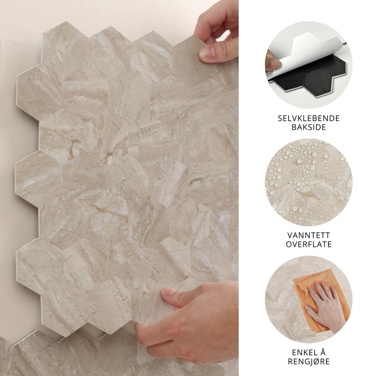 Grace hexagon selvklebende veggfliser med vanntett overflate. Beige farge.