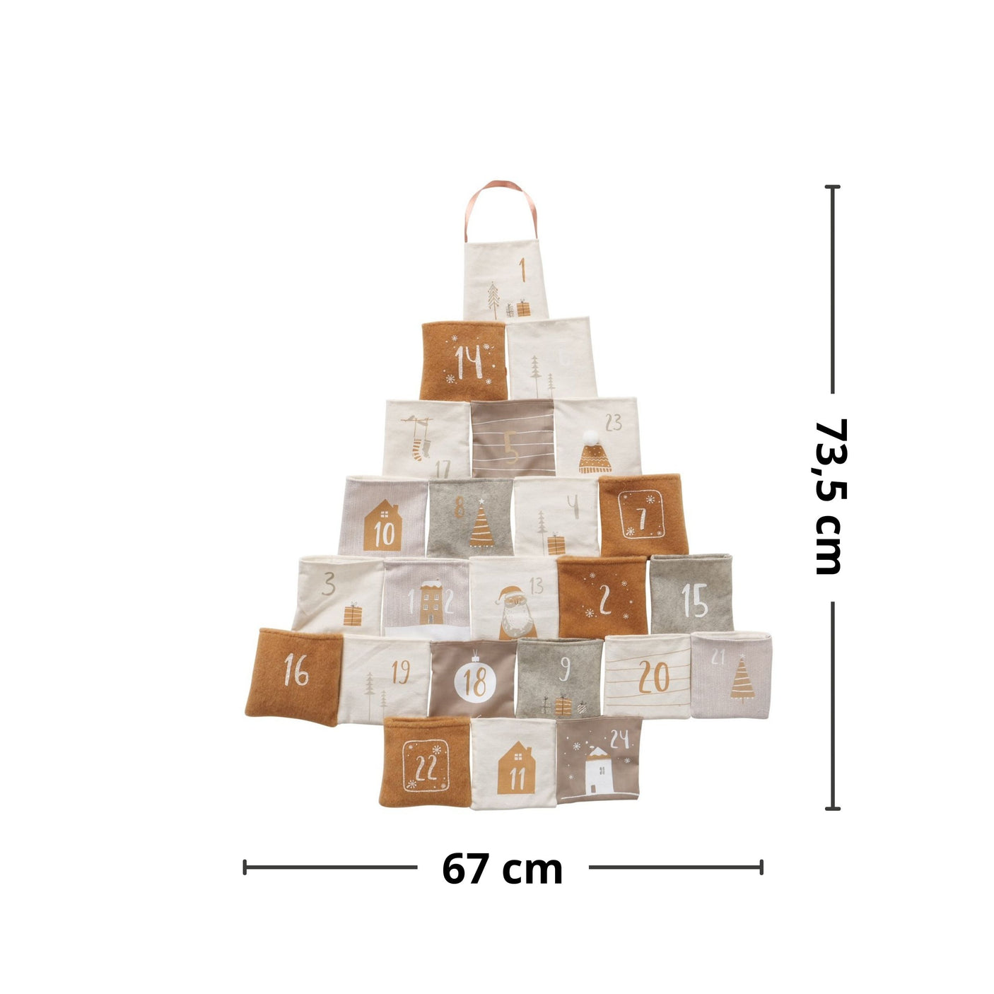 Adventskalender i stoff formet som juletre med 24 lommer. Måler 73,5 × 67 cm.