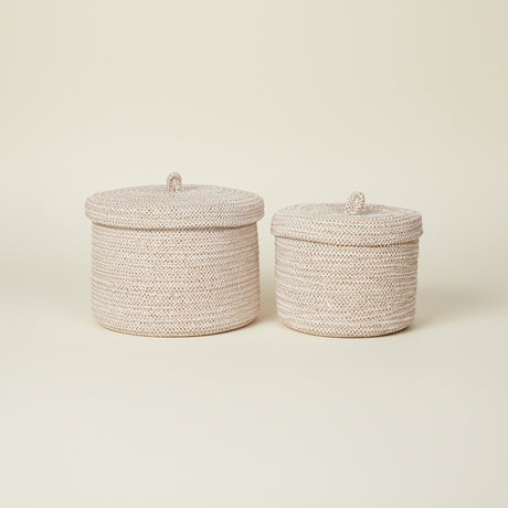 To runde oppbevaringskurver med lokk, 14x18 cm og 16x22 cm, naturlig flett"

