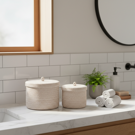 Sebal oppbevaringskurver med lokk i naturlig beige flett, 2 størrelser 14-16 cm"

