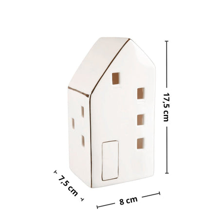 Högt vitt keramikhus med vinduer och dörrar: 17,5 x 8 x 7,5 cm.