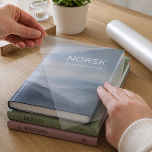 Transparent kontaktplast monteres på skolebok med matt finish som lar bokomslaget være synlig.
