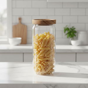 Glasskrukke med lokk fylt med pasta, plassert på kjøkkenbenk ved kaffetrakter, kokeplate og grønn plante.