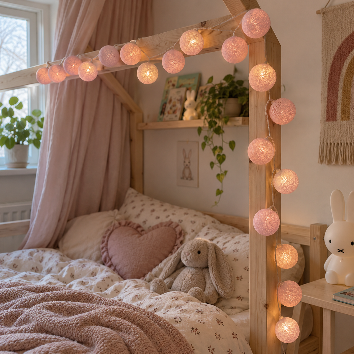 Batteridrevet LED-lysslynge med 16 kuler lys rosa 165 cm