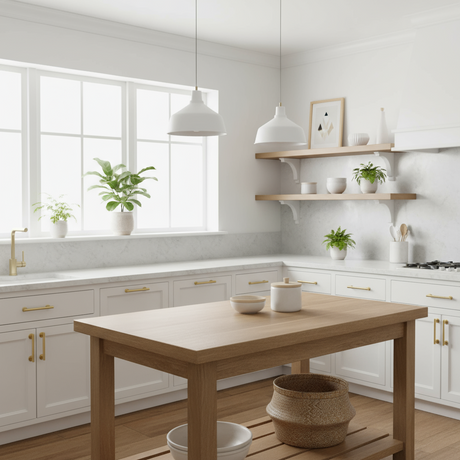 Lyst og moderne kjøkken med hvite skap, gullhåndtak og tremøbler, dekorert med grønne planter og naturdetaljer.
