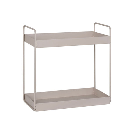 Beige metallhylle med to etasjer vist på hvit bakgrunn, tom for innhold.