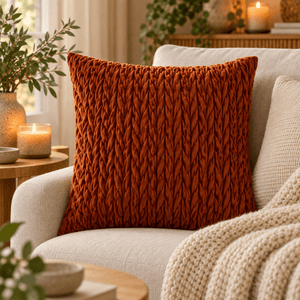 Brent oransje putetrekk i flettet velur 45 x 45 cm stylet i lys lenestol