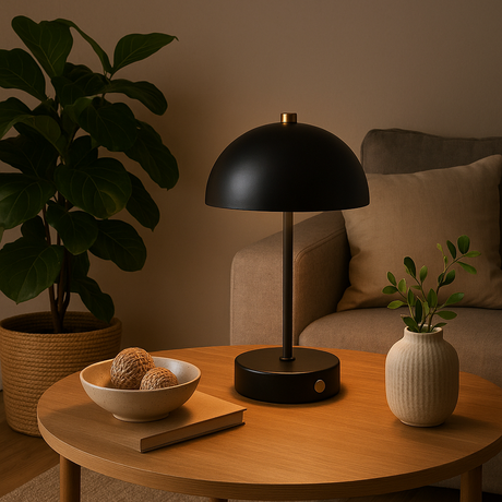 Sort bordlampe på rundt bord i stue med planter og naturlige toner.