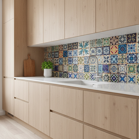 Selvklebende flisfolie med marokkansk mønster – dekorativ kontaktplast til kjøkken backsplash uten flislegging