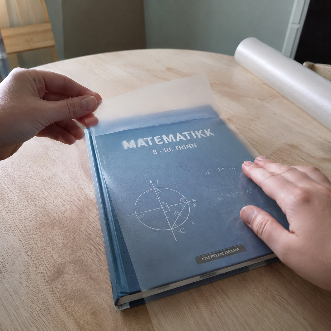 Transparent matt kontaktplast lagt over norsk skolebok i matematikk for å beskytte omslaget.
