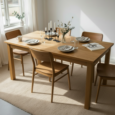 Bedford oak kontaktplast på et spisebord. Varm eik