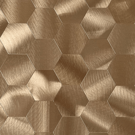 Børstet kobber medium selvklebende veggfliser imiterer fliser i hexagon-mønster med børstet kobber. Denne er populær til fornyelse av kjøkkenet. 
