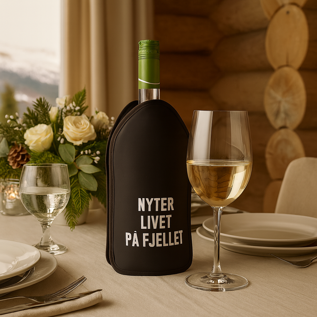 Vinkjøler med "Nyter livet på fjellet"-tekst på festpyntet bord i fjellhytte, med vin og blomsterdekorasjon.