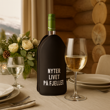 Vinkjøler med "Nyter livet på fjellet"-tekst på festpyntet bord i fjellhytte, med vin og blomsterdekorasjon.