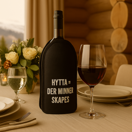 Vinkjøler med teksten "Hytta = der minner skapes" på dekket bord i koselig fjellhytte, med rødvinsglass.