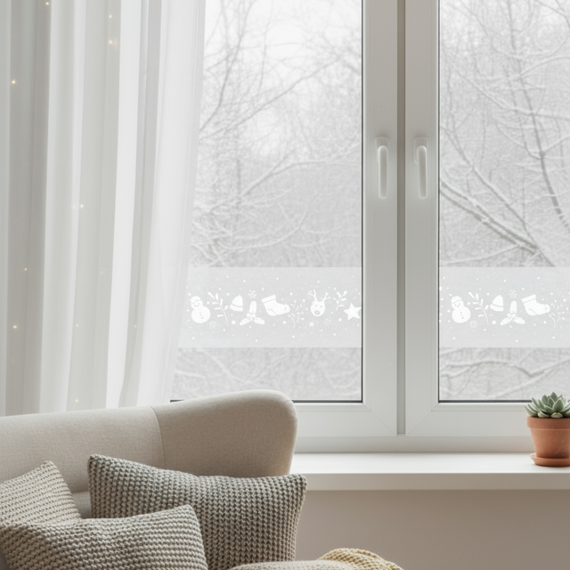 Vindusfolie med julemotiv og frostet effekt brukt på stuevindu