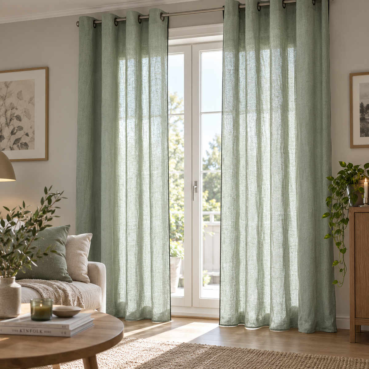 Linah gardin i 100% lin celadongrønn 130 x 260 cm