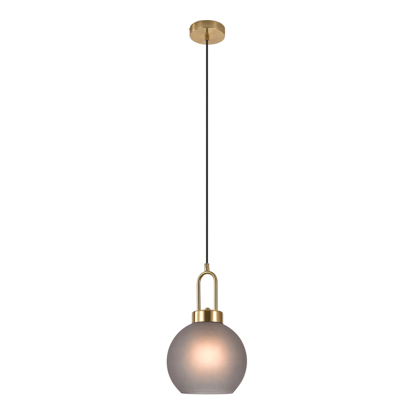 Luton taklampe med rund glasskjerm i matt røykfarget glass, sett fra siden