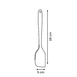Målskisse av rosa slikkepott i silikon med total lengde på 28 cm og bladbredde på 5 cm.