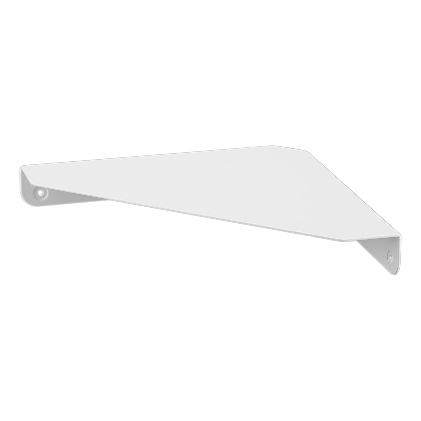 Hvit veggmontert hjørnehylle i stål, minimalistisk design for praktisk oppbevaring i små rom.