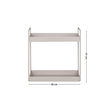 Beige metallhylle med mål 30 cm bredde og 31 cm høyde, vist på hvit bakgrunn.